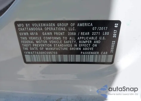 2017 Volkswagen Passat 1.8T S z USA, uszkodzony, nr VIN 1VWAT7A30HC085703